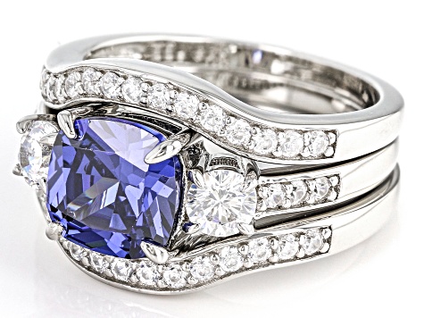 Blue And White Cubic Zirconia Rhodium Over Sterling Silver 3 Ring Set 5.58ctw