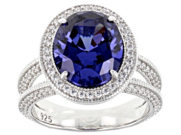 Picture of Blue And White Cubic Zirconia Platinum Over Sterling Silver Ring 8.18ctw