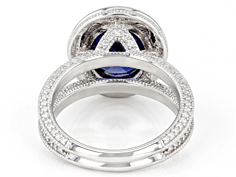 Blue And White Cubic Zirconia Platinum Over Sterling Silver Ring 8.18ctw