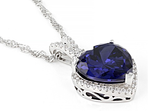 Blue And White Cubic Zirconia Rhodium Over Sterling Silver Heart Pendant With Chain 11.58ctw