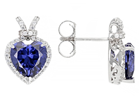 Blue And White Cubic Zirconia Rhodium Over Sterling Silver Heart Earrings 7.20ctw