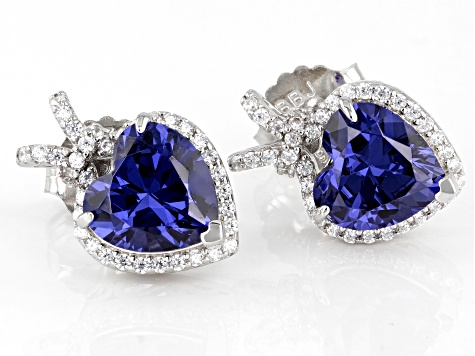 Blue And White Cubic Zirconia Rhodium Over Sterling Silver Heart Earrings 7.20ctw