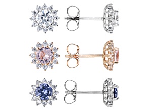 Multi-Gem Simulants And Cubic Zirconia Rhodium And 18k Rose Gold Over Silver Stud Set 6.74ctw