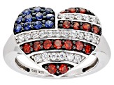 Red, Blue, And White Cubic Zirconia Platinum Over Sterling Silver Flag Ring 1.65ctw