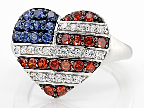 Red, Blue, And White Cubic Zirconia Platinum Over Sterling Silver Flag Ring 1.65ctw