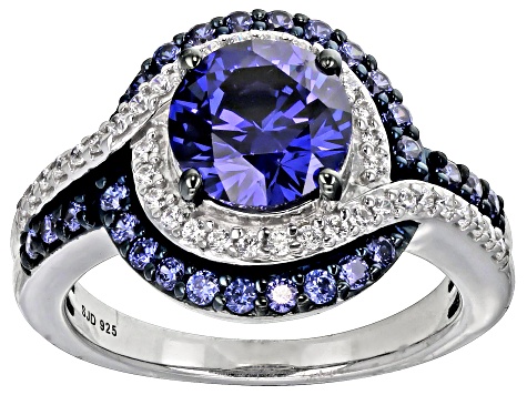 Blue And White Cubic Zirconia Rhodium Over Sterling Silver Ring 3.95ctw