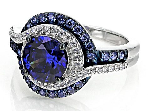 Blue And White Cubic Zirconia Rhodium Over Sterling Silver Ring 3.95ctw
