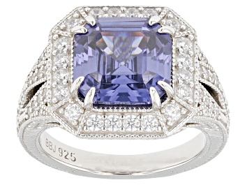 Picture of Blue And White Cubic Zirconia Rhodium Over Silver Asscher Cut Ring 8.82ctw