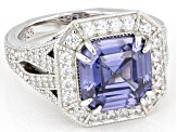 Blue And White Cubic Zirconia Rhodium Over Silver Asscher Cut Ring 8.82ctw