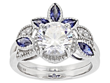 Picture of Blue And White Cubic Zirconia Rhodium Over Sterling Silver Ring with band 3.95ctw