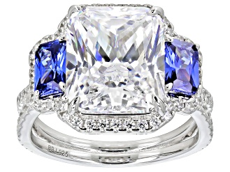 Blue And White Cubic Zirconia Rhodium Over Sterling Silver Ring 14.70ctw