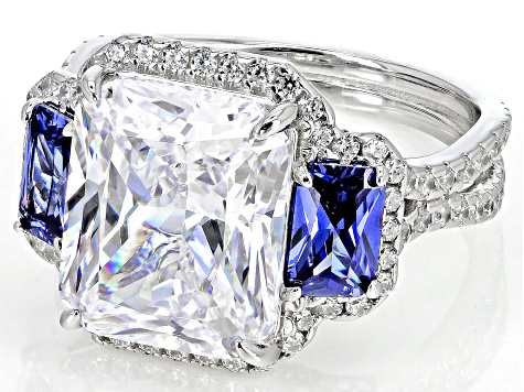 Blue And White Cubic Zirconia Rhodium Over Sterling Silver Ring 14.70ctw