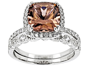 Picture of Blush Zircon Simulant And White Cubic Zirconia Rhodium Over Sterling Silver Ring With Band 4.09ctw