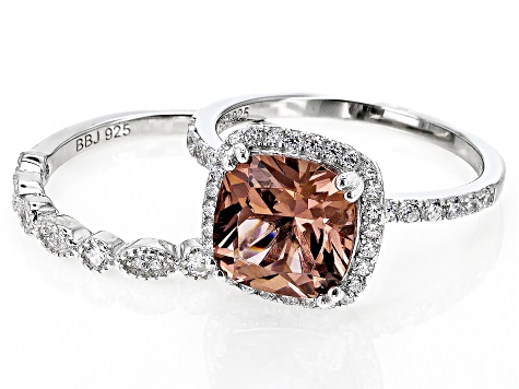 Blush Zircon Simulant And White Cubic Zirconia Rhodium Over Sterling Silver Ring With Band 4.09ctw