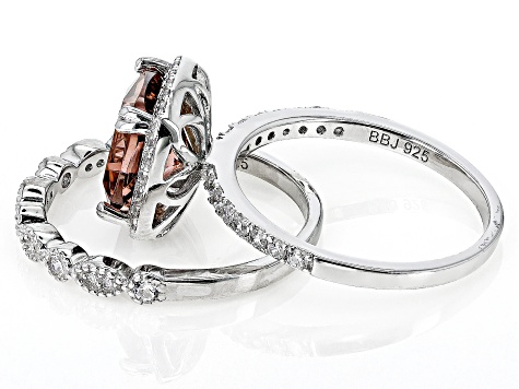 Blush Zircon Simulant And White Cubic Zirconia Rhodium Over Sterling Silver Ring With Band 4.09ctw