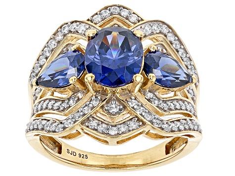 Blue And White Cubic Zirconia 18k Yellow Gold Over Sterling Silver Ring 5.75ctw