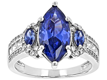 Picture of Blue And White Cubic Zirconia Rhodium Over Sterling Silver Ring 6.08ctw