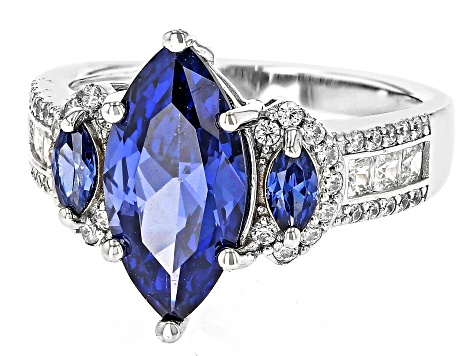 Blue And White Cubic Zirconia Rhodium Over Sterling Silver Ring 6.08ctw