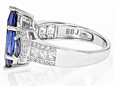 Blue And White Cubic Zirconia Rhodium Over Sterling Silver Ring 6.08ctw