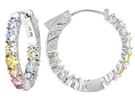 Multi Color Cubic Zirconia Rhodium Over Sterling Silver Hoops 8.46ctw