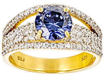 Picture of Blue And White Cubic Zirconia 18k Yellow Gold Over Sterling Silver Ring 4.01ctw