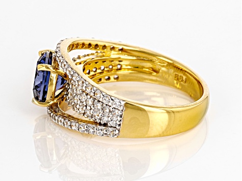 Blue And White Cubic Zirconia 18k Yellow Gold Over Sterling Silver Ring 4.01ctw