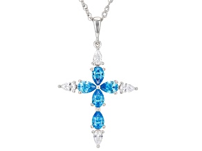 Blue And White Cubic Zirconia Rhodium Over Silver Cross Pendant 3.62ctw