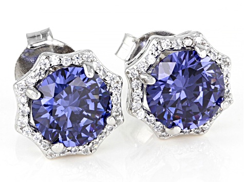 Blue And White Cubic Zirconia Rhodium Over Sterling Silver Earrings 7.42ctw