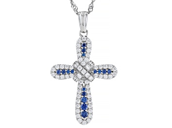 Picture of Blue And White Cubic Zirconia Platinum Over Sterling Silver Cross Pendant With Chain 1.68ctw