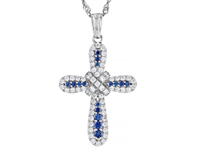 Blue And White Cubic Zirconia Platinum Over Sterling Silver Cross Pendant With Chain 1.68ctw