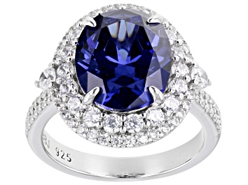 Picture of Blue And White Cubic Zirconia Rhodium Over Sterling Silver Ring 10.13ctw