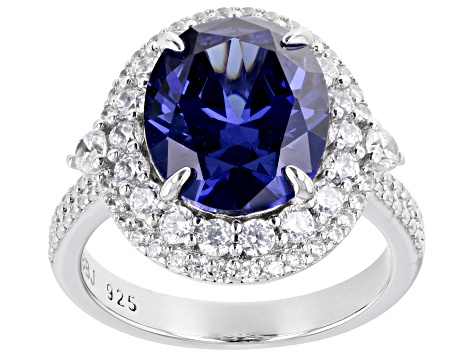 Blue And White Cubic Zirconia Rhodium Over Sterling Silver Ring 10.13ctw