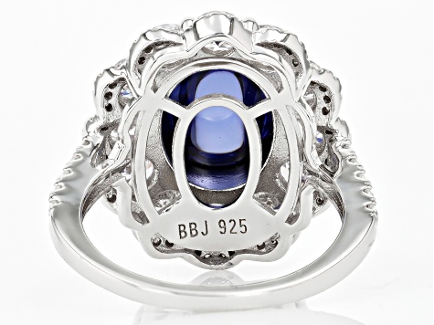 Blue Cabochon And White Cubic Zirconia Rhodium Over Sterling Silver Ring 11.74ctw