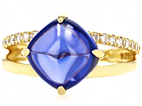 Blue Cabochon and White Cubic Zirconia 18K Yellow Gold Over Sterling Silver Ring 9.51ctw