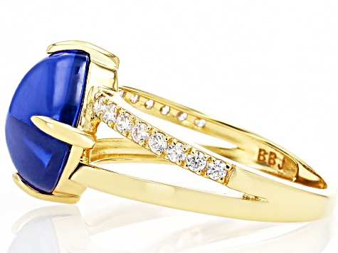 Blue Cabochon and White Cubic Zirconia 18K Yellow Gold Over Sterling Silver Ring 9.51ctw