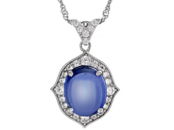 Picture of Blue Cabochon And White Cubic Zirconia Rhodium Over Sterling Silver Pendant with Chain 11.77ctw