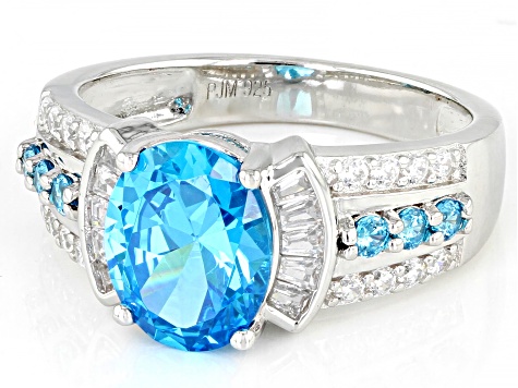 Blue And White Cubic Zirconia Rhodium Over Sterling Silver Ring 4.42ctw