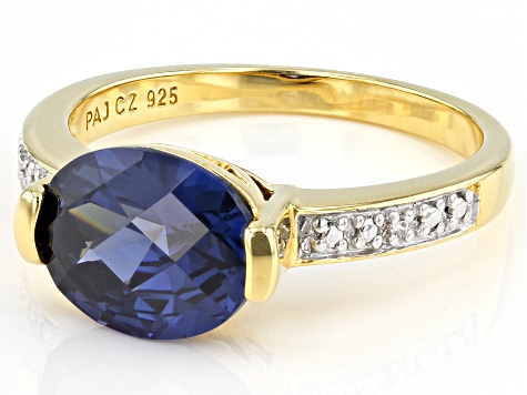 Blue And White Cubic Zirconia 18k Yellow Gold Over Sterling Silver Ring 3.58ctw