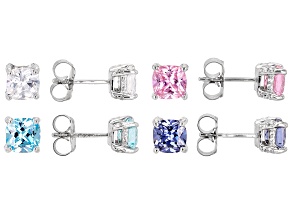 Blue, Pink, And White Cubic Zirconia Rhodium Over Sterling Silver Stud Set 13.73ctw