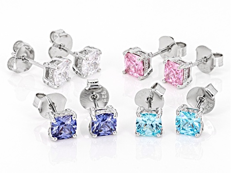 Blue, Pink, And White Cubic Zirconia Rhodium Over Sterling Silver Stud Set 13.73ctw