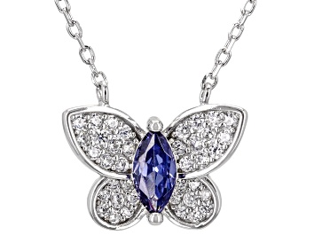 Picture of Blue And White Cubic Zirconia Rhodium Over Silver Butterfly Necklace 1.01ctw