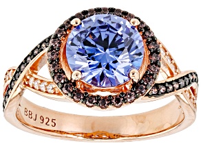 Blue, Mocha, And White Cubic Zirconia 18K Rose Gold Over Sterling Silver Ring 4.96ctw