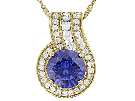 Blue And White Cubic Zirconia 18k Yellow Gold Over Sterling Silver Pendant With Chain 6.80ctw