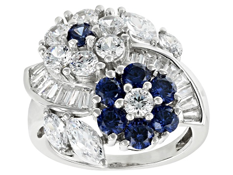 Blue And White Cubic Zirconia Rhodium Over Sterling Silver Flower Ring 6.00ctw