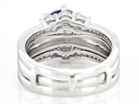 Blue And White Cubic Zirconia Rhodium Over Sterling Silver Ring with Guard 4.86ctw