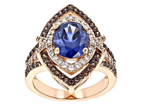 Blue, Mocha, And White Cubic Zirconia 18k Rose Gold Over Sterling Silver Ring 6.11ctw