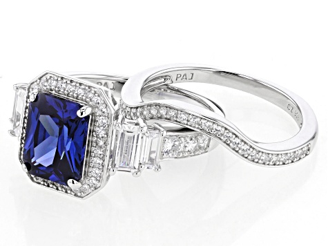 Blue And White Cubic Zirconia Rhodium Over Sterling Silver Ring Set 4.99ctw
