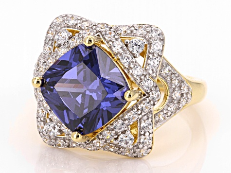 Blue And White Cubic Zirconia 18k Yellow Gold Over Sterling Silver Ring 8.79ctw