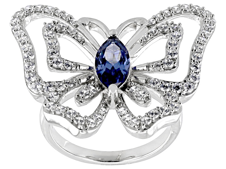 Blue And White Cubic Zirconia Rhodium Over Silver Butterfly