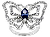 Blue And White Cubic Zirconia Rhodium Over Silver Butterfly Ring 2.70ctw